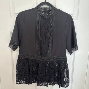 Zara Woman Black Peplum Shirt with lace trim and lace down the centre and back